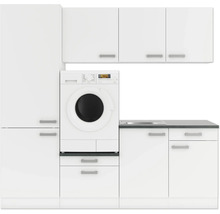 Tvättstuga med tvättmaskin, diskho och skåp i vitt