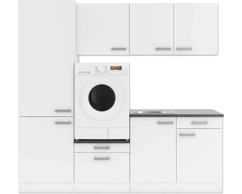Tvättstuga med tvättmaskin, diskho och skåp i vitt
