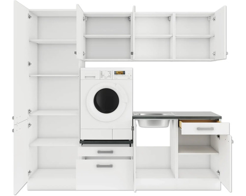 Tvättstugemöbler med tvättmaskin, diskho och skåp