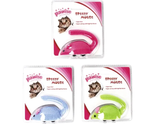 Tre Speedy Mouse kattleksaker i olika färger i förpackning