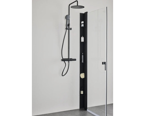 Duschsystem med duschvägg och integrerad hylla för förvaring av badrumsartiklar