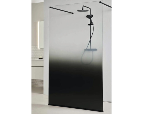Duschvägg NORO Frost DV Walk-In svart gradient matt rökfärgat glas 1150 mm Duschvägg med duschblandare i modernt badrum