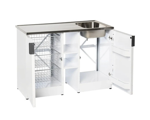 Diskho med underskåp, dörrar och förvaringskorgar