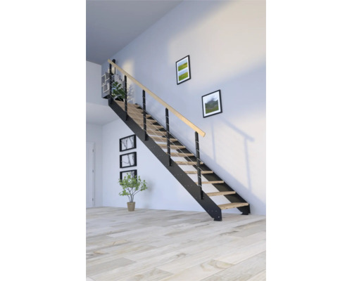 Rak trappa PERTURA Libra 10 steg obehandlad rustik ek svart öppen svart B: 85 cm exkl. sättsteg Rak trappa PERTURA Libra 10 steg obehandlad rustik ek svart öppen svart B: 85 cm exkl. sättsteg