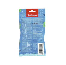 Dogman logo. Baksidan av en förpackning hundgodis med ingrediensförteckning