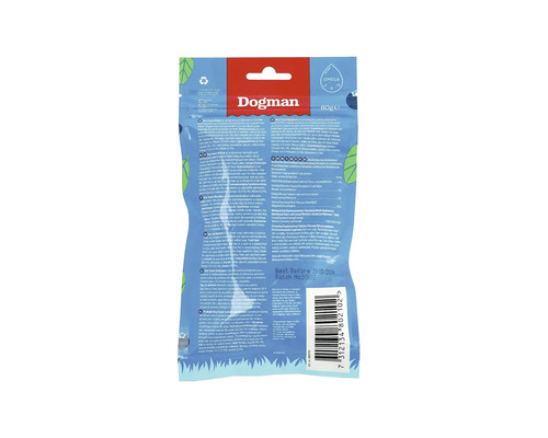 Dogman logo. Baksidan av en förpackning hundgodis med ingrediensförteckning