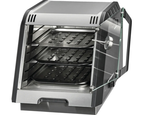 Multifunktionsugn med tre galler och en öppen glasdörr