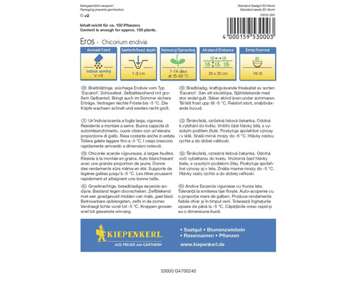 Eros Chicorium Endivia fröpaket med information om sådd, sådjup, groning, avstånd och skörd