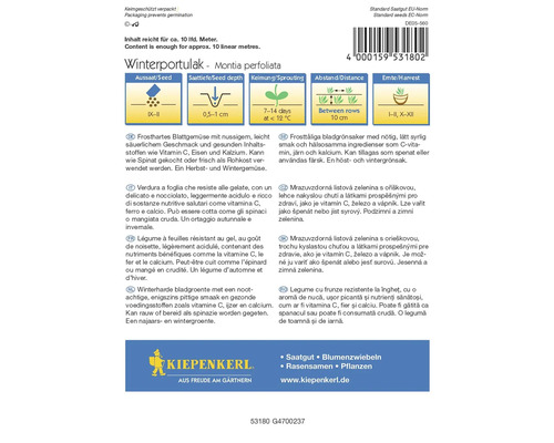 Fröpåse med vinterportlak med information om sådd, sådjup, groning, avstånd och skörd