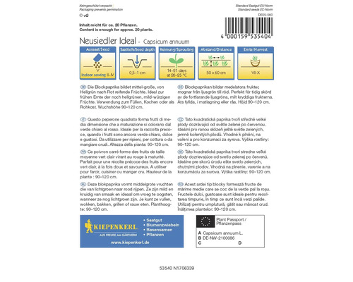 Fröpåse Neusiedler Ideal paprika ब्लॉक, Capsicum annuum med information om sådd, groning, avstånd och skörd