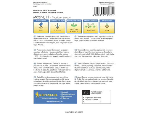 Mertina F1 Capsicum annuum fröpåse med information om sådd, sådjup, groning, avstånd och skörd