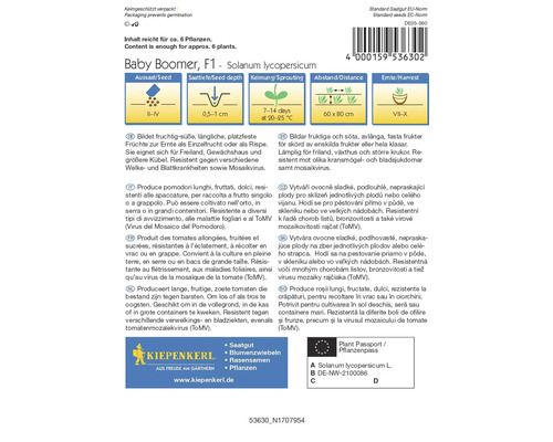 Förpackning med Baby Boomer F1 tomatfrön från Kiepenkerl med information om planteringstid, sådjup, groning, avstånd och skördetid