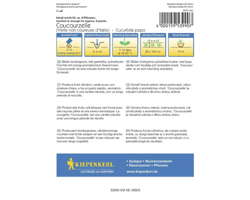 Coucourzelle fröförpackning med information om sådd, avstånd och skördetid