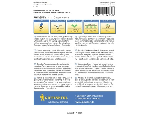 Morotsfröförpackning Kamaran F1 från Kiepenkerl med information om sådd, sådjup, groning, avstånd och skördetid