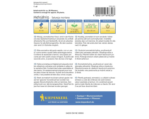 Flerårig fröförpackning för Satureja montana med information om sådd, sådjup, groning, avstånd och skörd