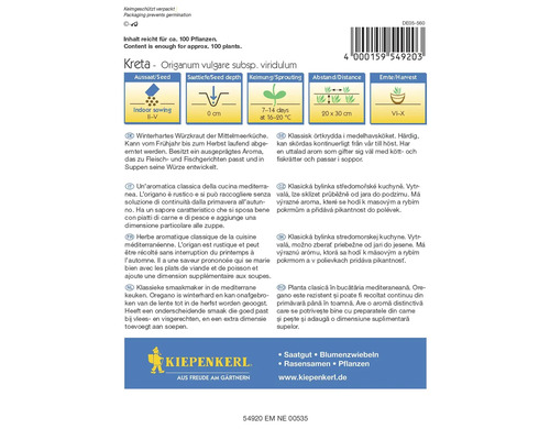 Förpackning av oregano sorten Kreta med information om sådd, sådjup, groning, avstånd och skörd