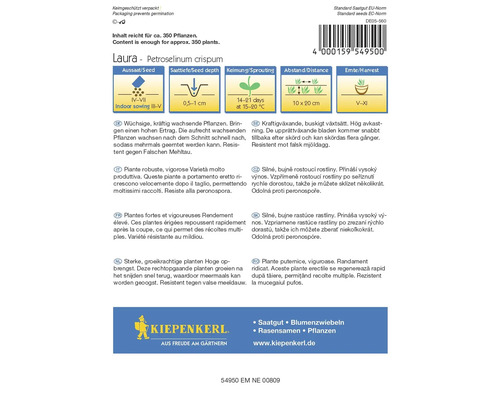 Laura persiljefröförpackning från Kiepenkerl med information om sådd, groning, avstånd och skörd