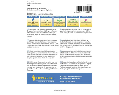 Tanagra Lavatera trimestris blomfröförpackning med information om såtid, sådjup, groning, avstånd och blomningstid