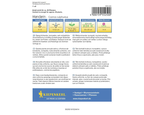 Fröförpackning Mandarin Cosmos Sulphureus med information om sådd, planteringsdjup, groning, avstånd och blomningstid