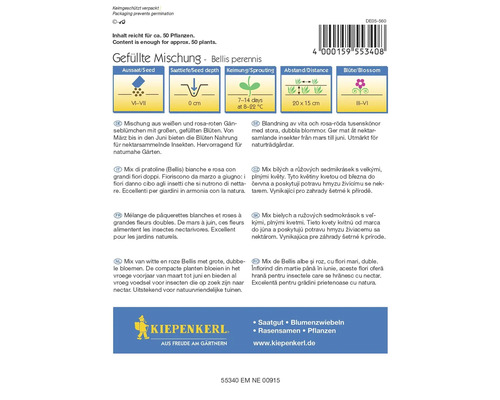 Fröförpackning fylld blandning Bellis perennis med sådd, sådjup, groning, avstånd och blomningstid