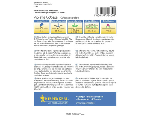 Violette Cobaea fröförpackning från Kiepenkerl med information om sådd, tillväxt och blomningstid