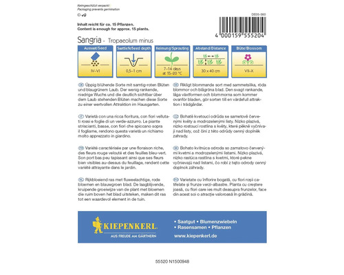 Fröförpackning Sangria Tropaeolum minus med information om sådd, sådjup, groning, avstånd och blomningstid