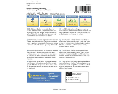 Fröförpackning Majestic Mischung Helianthus annuus med information om sådd, blomningstid och växtpass