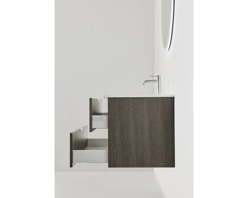 Hängande tvättställsskåp med två öppna lådor och tvättställ