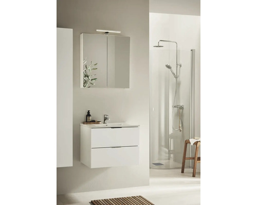 Modernt badrum med tvättställ, spegelskåp, dusch och trädetaljer