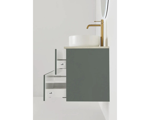 Tvättställsskåp med öppet lådsystem, tvättställsskål och armatur