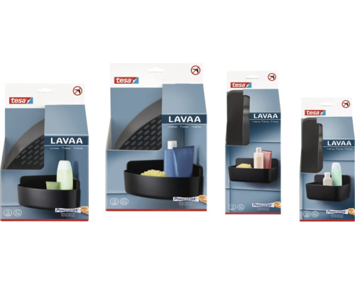 Tesa Lavaa duschhyllor i olika storlekar i produktförpackning