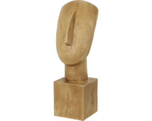 Dekorativ skulptur av ett stiliserat huvud på en piedestal