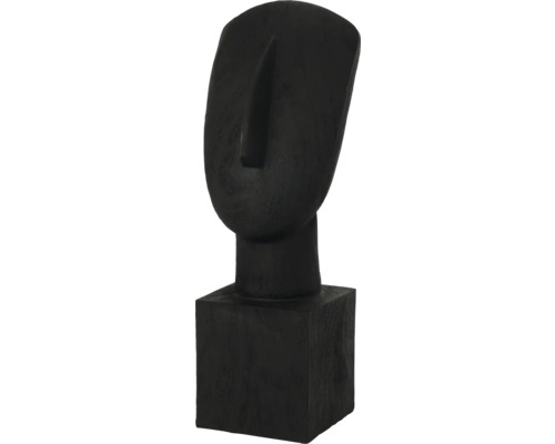 Dekorativ figur i form av ett stiliserat ansikte av trä på en sockel