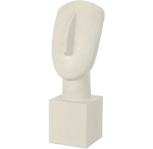 Dekorativ skulptur av ett stiliserat ansikte på sockel