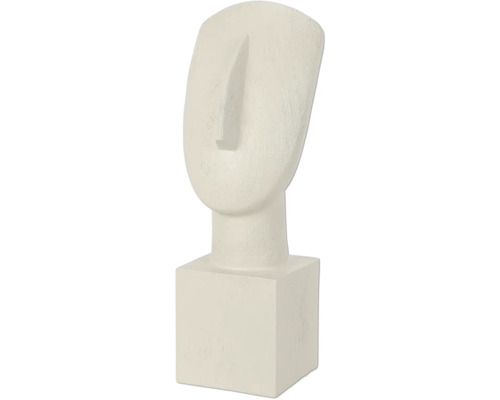 Dekorativ skulptur av ett stiliserat ansikte på sockel