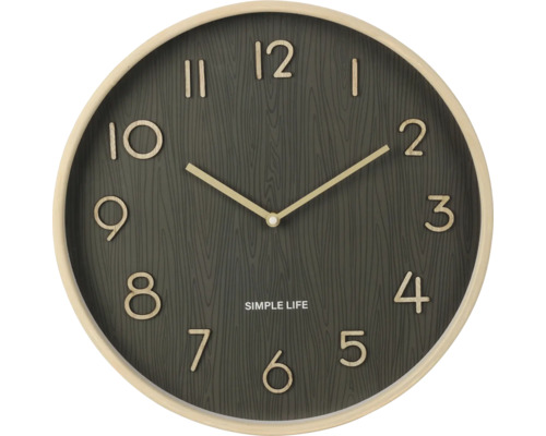 Rund väggklocka med trästruktur och timvisning