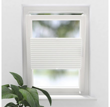 Vit plisségardin framför ett fönster med en växt på fönsterbrädan