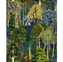 Illustration av en tät skog med olika träd och växter