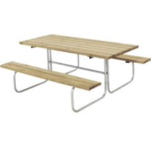 Picknickbord med bänkar av trä och metall