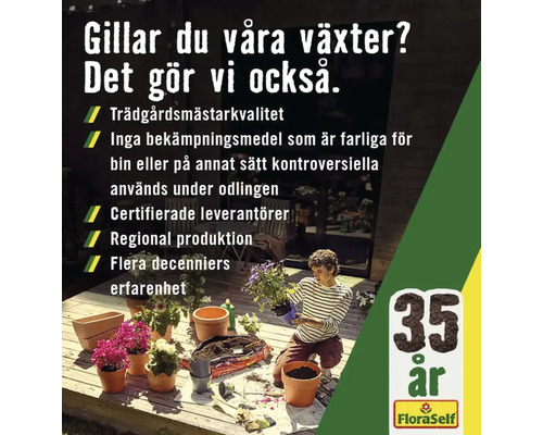 FloraSelf reklam med trädgårdsmästare och växter