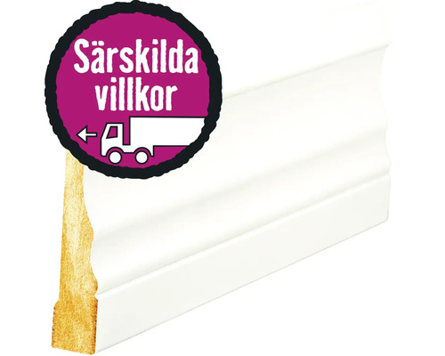 Vitlackerad dekorlist med notering om speciella leveransvillkor