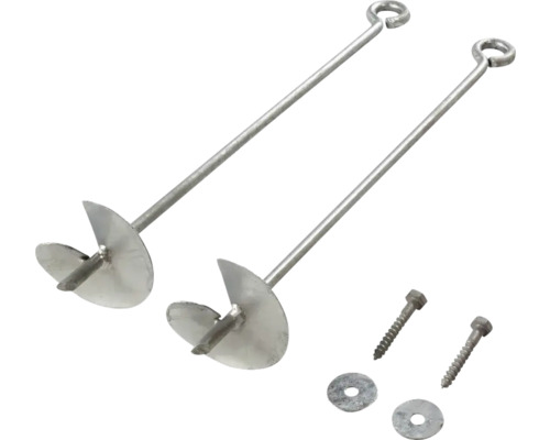 Två markskruvsankare med skruvar och brickor