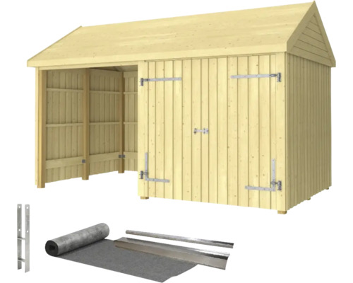 Redskapsbod PLUS Classic Multi Trädgårdshus 10m² 2 moduler med dubbeldörr och öppen front inkl. takpapp/aluminiumlister/H-stolpfötter