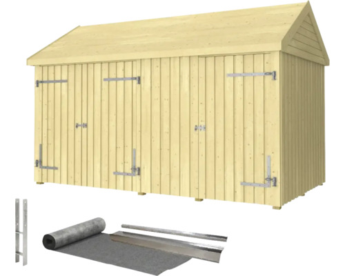 Träbod med dubbeldörr och tillbehör