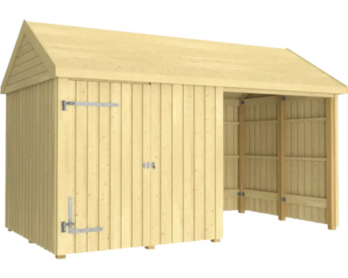 Träskjul med dubbeldörr och öppen annex