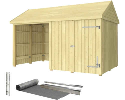 Trägarage med tillbyggnad och tillbehör för utomhusbruk