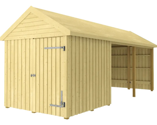 Redskapsbod PLUS Classic Multi Trädgårdshus 14,5m² 3 moduler med enkeldörr och öppen front inkl. takpapp/aluminiumlister/H-stolpfötter