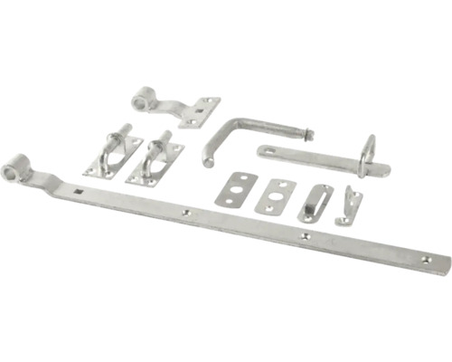 Grindset för grindar i metall, bestående av grind, gångjärn och beslag.