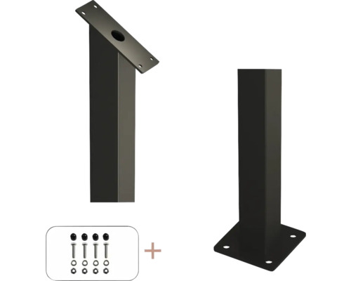 Stålstolpe PLUS med fot inkl. bultar för trappräcken 4,5x4,5x87,1/80,4cm svart Två stolpfästen i metall och fästmaterial