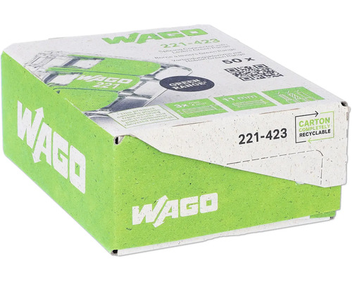 Kopplingsklämma WAGO 221 3x0,2-4mm² 50-pack Förpackning Wago 221-423 kopplingsklämmor med spak, Green Range